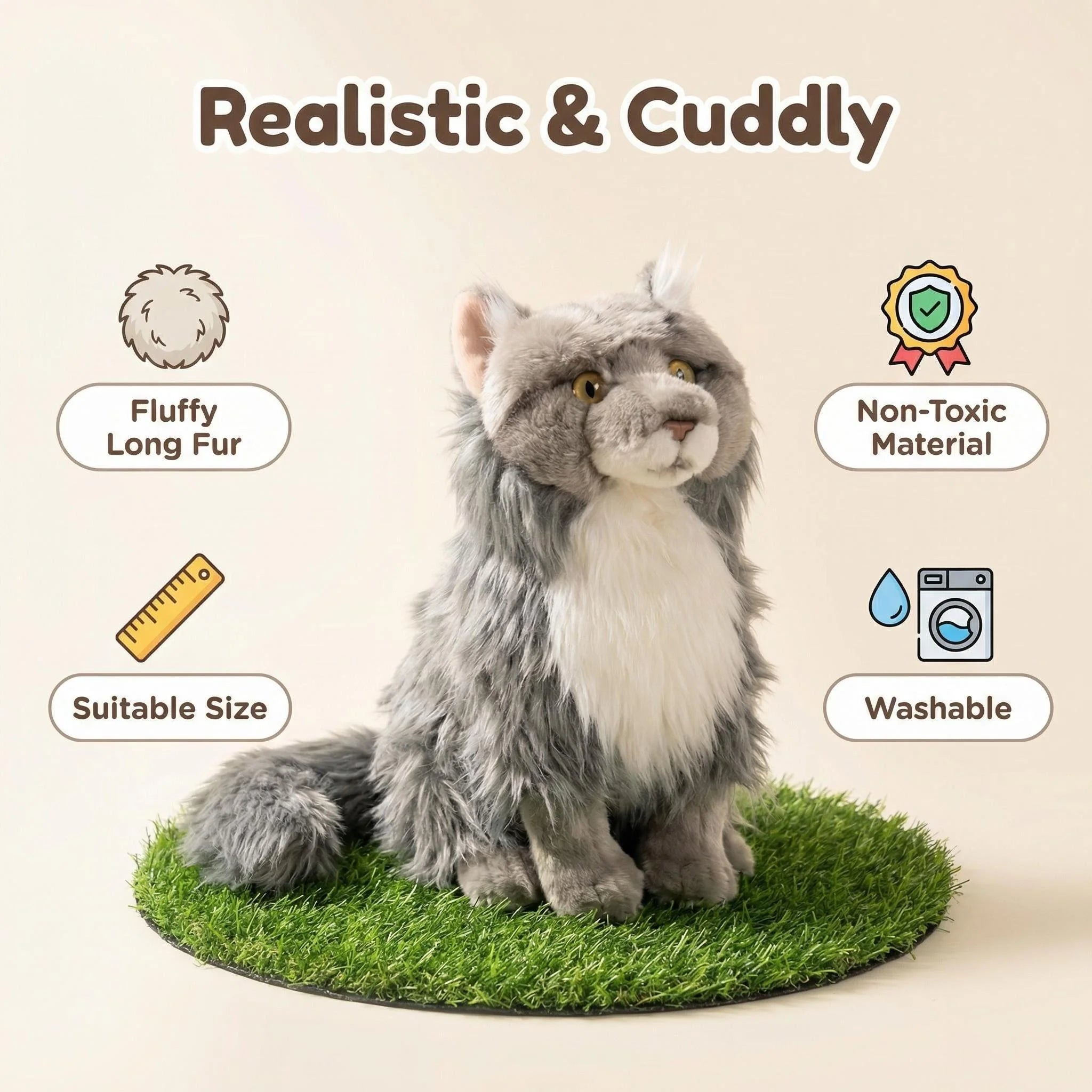 Figurine de chat Maine Coon réaliste de 27 cm (10,6 po), décoration de chat artificiel pour étagère, cadeau ornemental animalier