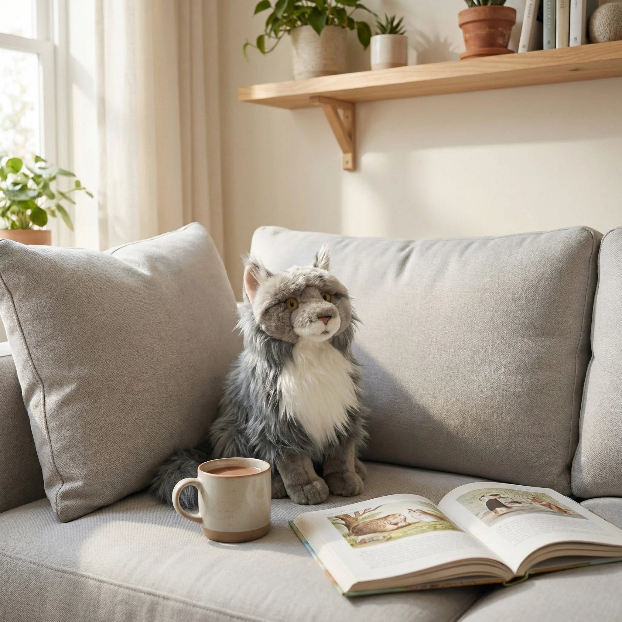 Figurine de chat Maine Coon réaliste de 27 cm (10,6 po), décoration de chat artificiel pour étagère, cadeau ornemental animalier