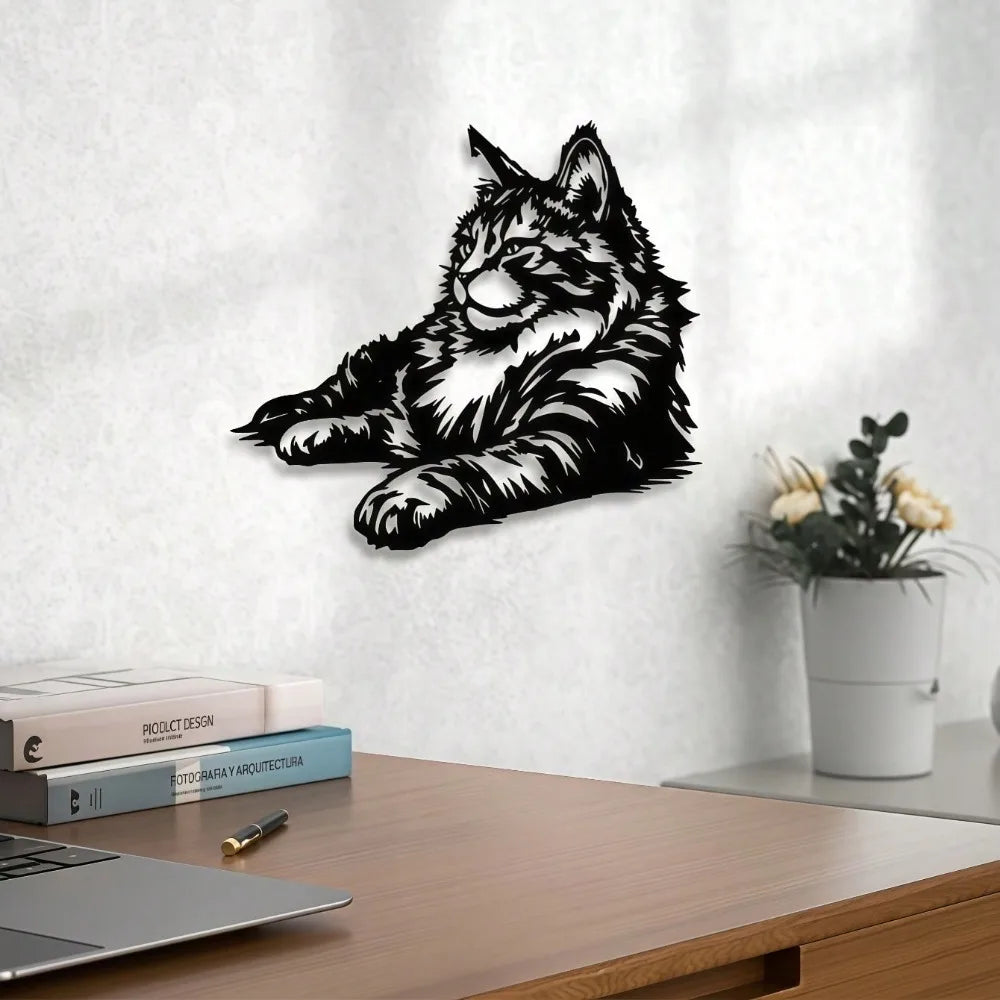 Décoration murale en métal Maine Coon (1 pièce), sculpture de chat pour chambre à coucher, cadeau de fête thermolaqué pour les amoureux des chats