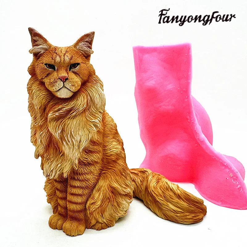 Moule en silicone Fan Yong pour figurine de chat Maine Coon – Simulation animale pour loisirs créatifs (plâtre, résine, béton)
