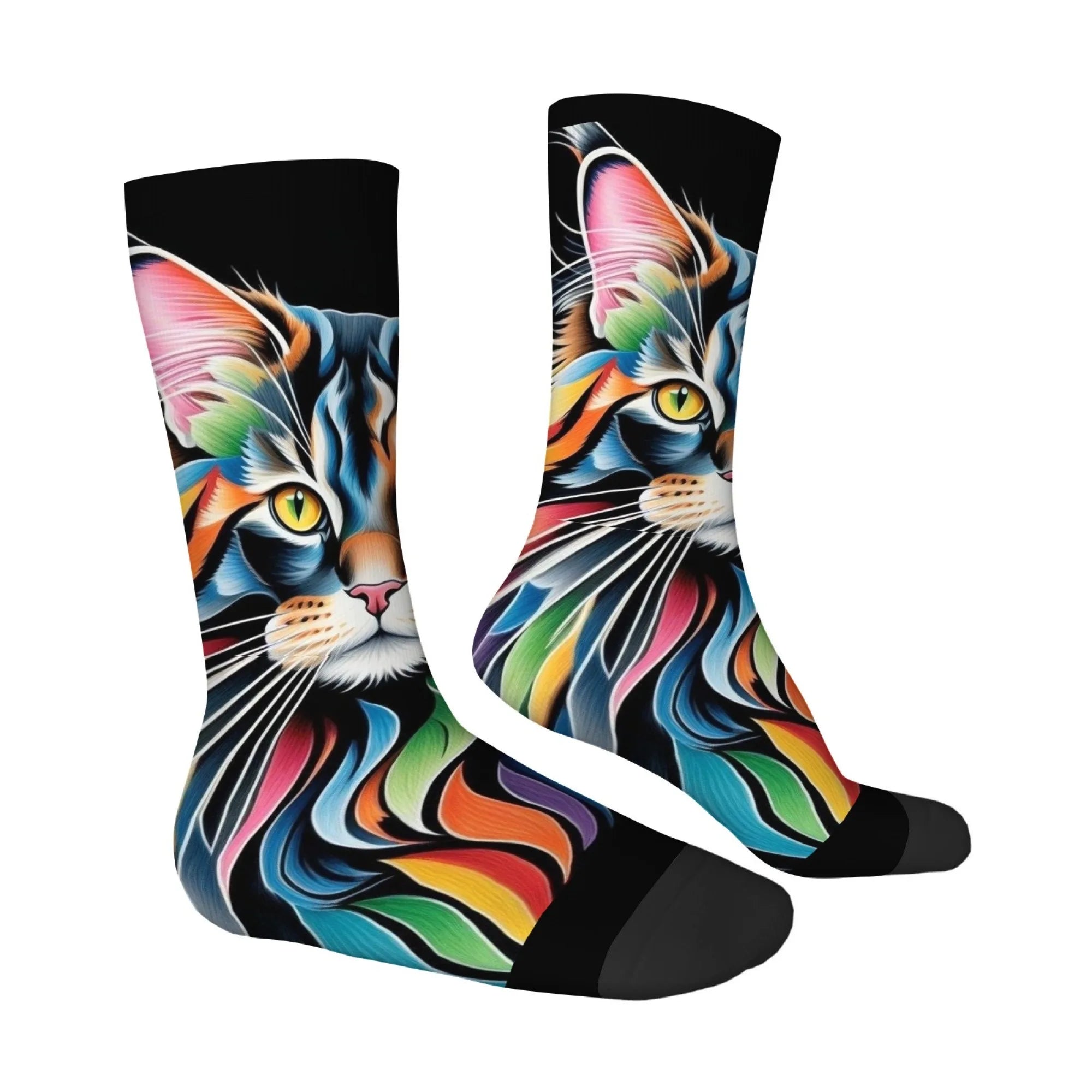 Chaussettes mi-mollet pour homme – Motif chat Maine Coon arc-en-ciel – Antidérapantes, douces, confortables pour la peau, amusantes et stylées – Idéales pour le streetwear, le plein air et le skate.