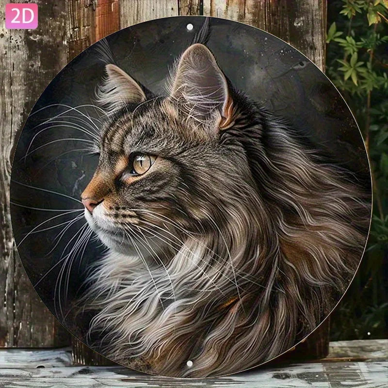 Plaque décorative murale rétro en aluminium (design plat 2D, 1 pièce) représentant un Maine Coon – idéale pour cour, jardin, cuisine, bar, intérieur, extérieur, garage, club ou café.