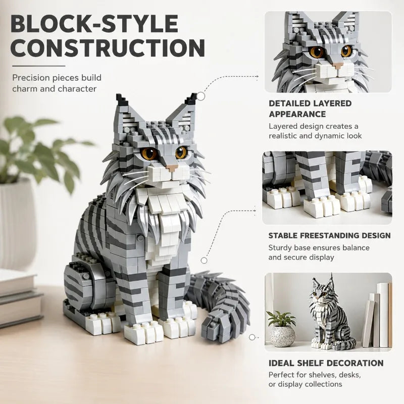 Kit de construction MOC « Grand chat Maine Coon » – Briques compatibles – Modèle réaliste de chat tabby argenté – Objet de décoration intérieure – À assembler soi-même