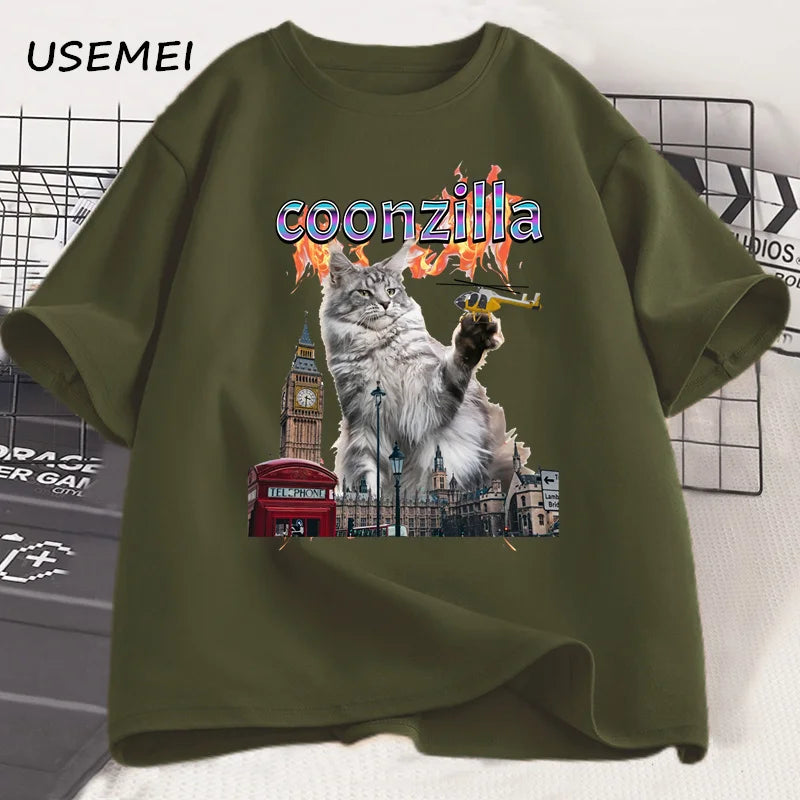 T-shirt unisexe en coton à manches courtes pour l'été – Motif chat drôle (humour Maine Coon) – Style Harajuku