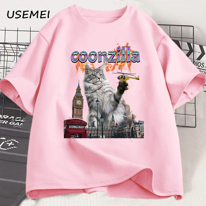 T-shirt unisexe en coton à manches courtes pour l'été – Motif chat drôle (humour Maine Coon) – Style Harajuku