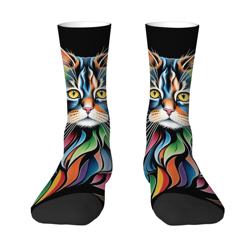 Chaussettes mi-mollet pour homme – Motif chat Maine Coon arc-en-ciel – Antidérapantes, douces, confortables pour la peau, amusantes et stylées – Idéales pour le streetwear, le plein air et le skate.