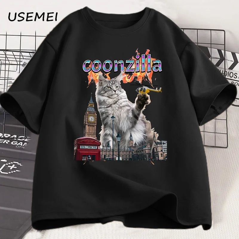 T-shirt unisexe en coton à manches courtes pour l'été – Motif chat drôle (humour Maine Coon) – Style Harajuku