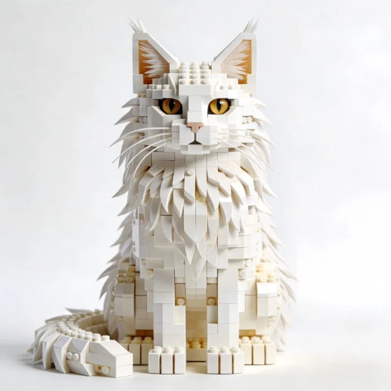 Kit de construction MOC « Grand chat Maine Coon » – Briques compatibles – Modèle réaliste de chat tabby argenté – Objet de décoration intérieure – À assembler soi-même