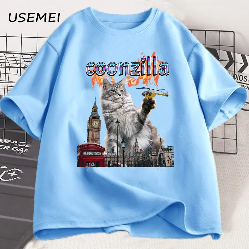 T-shirt unisexe en coton à manches courtes pour l'été – Motif chat drôle (humour Maine Coon) – Style Harajuku
