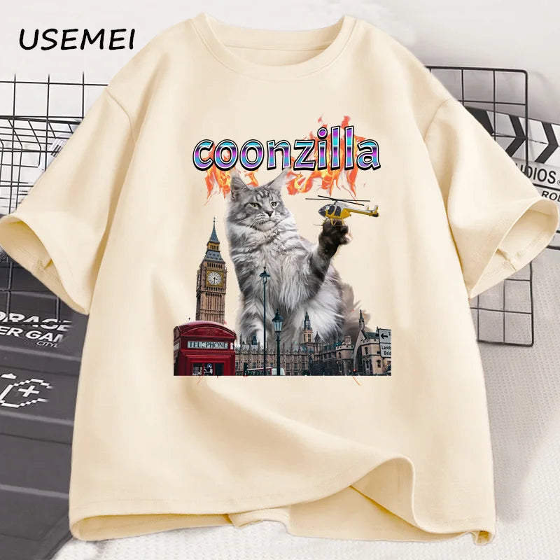 T-shirt unisexe en coton à manches courtes pour l'été – Motif chat drôle (humour Maine Coon) – Style Harajuku