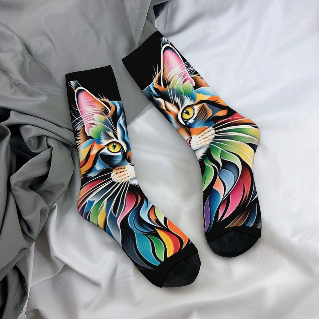 Chaussettes mi-mollet pour homme – Motif chat Maine Coon arc-en-ciel – Antidérapantes, douces, confortables pour la peau, amusantes et stylées – Idéales pour le streetwear, le plein air et le skate.