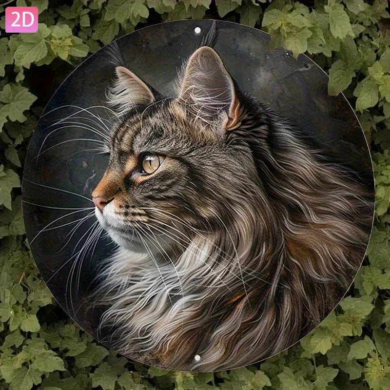 Plaque décorative murale rétro en aluminium (design plat 2D, 1 pièce) représentant un Maine Coon – idéale pour cour, jardin, cuisine, bar, intérieur, extérieur, garage, club ou café.