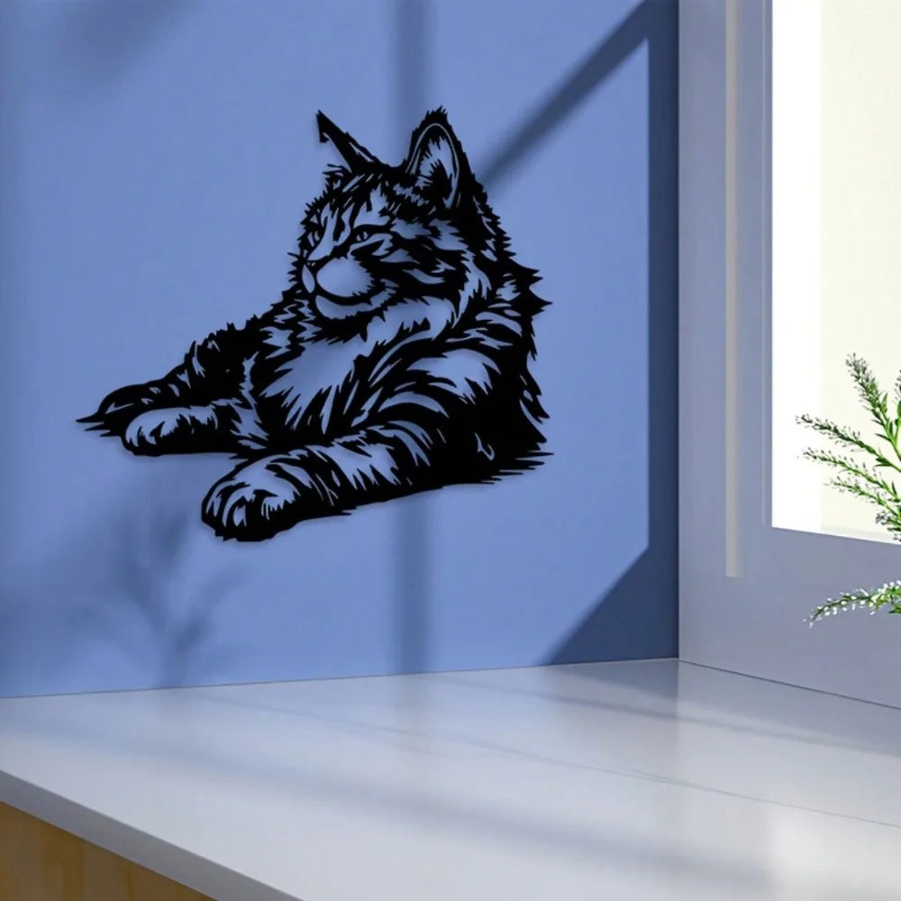 Décoration murale en métal Maine Coon (1 pièce), sculpture de chat pour chambre à coucher, cadeau de fête thermolaqué pour les amoureux des chats
