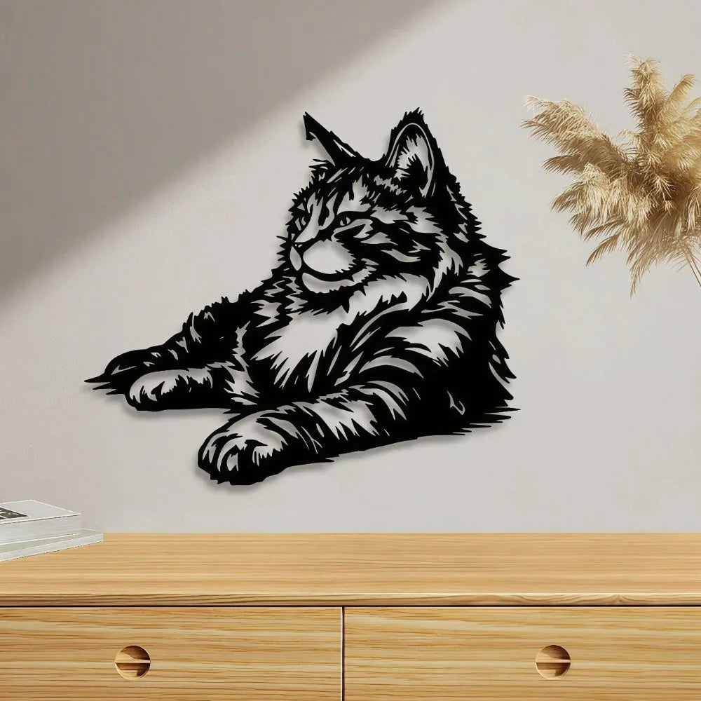 Décoration murale en métal Maine Coon (1 pièce), sculpture de chat pour chambre à coucher, cadeau de fête thermolaqué pour les amoureux des chats