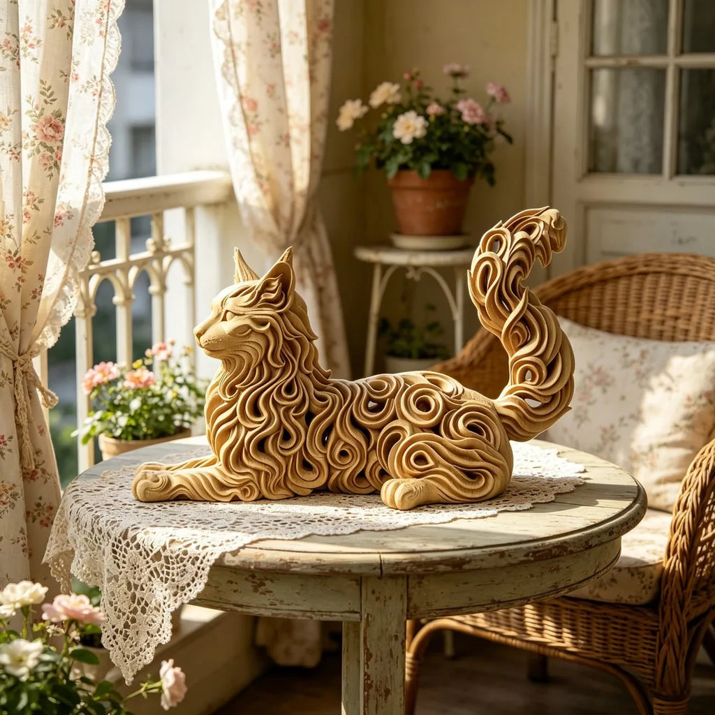 Statue de chat Maine Coon en résine – Figurine creuse à motif bouclé – Objet décoratif pour bureau ou maison – Cadeau artistique pour les amoureux des chats