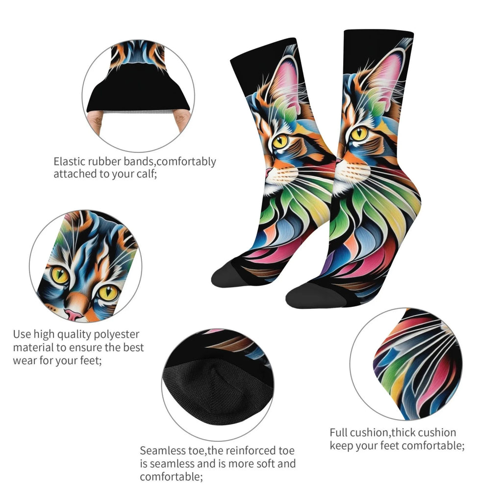 Chaussettes mi-mollet pour homme – Motif chat Maine Coon arc-en-ciel – Antidérapantes, douces, confortables pour la peau, amusantes et stylées – Idéales pour le streetwear, le plein air et le skate.