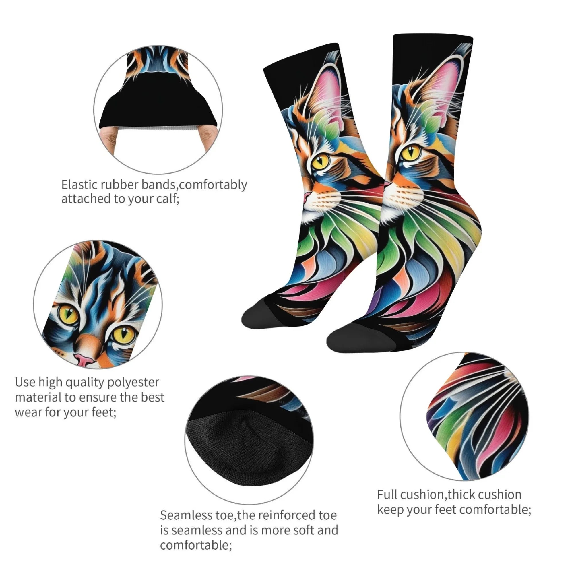 Chaussettes mi-mollet pour homme – Motif chat Maine Coon arc-en-ciel – Antidérapantes, douces, confortables pour la peau, amusantes et stylées – Idéales pour le streetwear, le plein air et le skate.