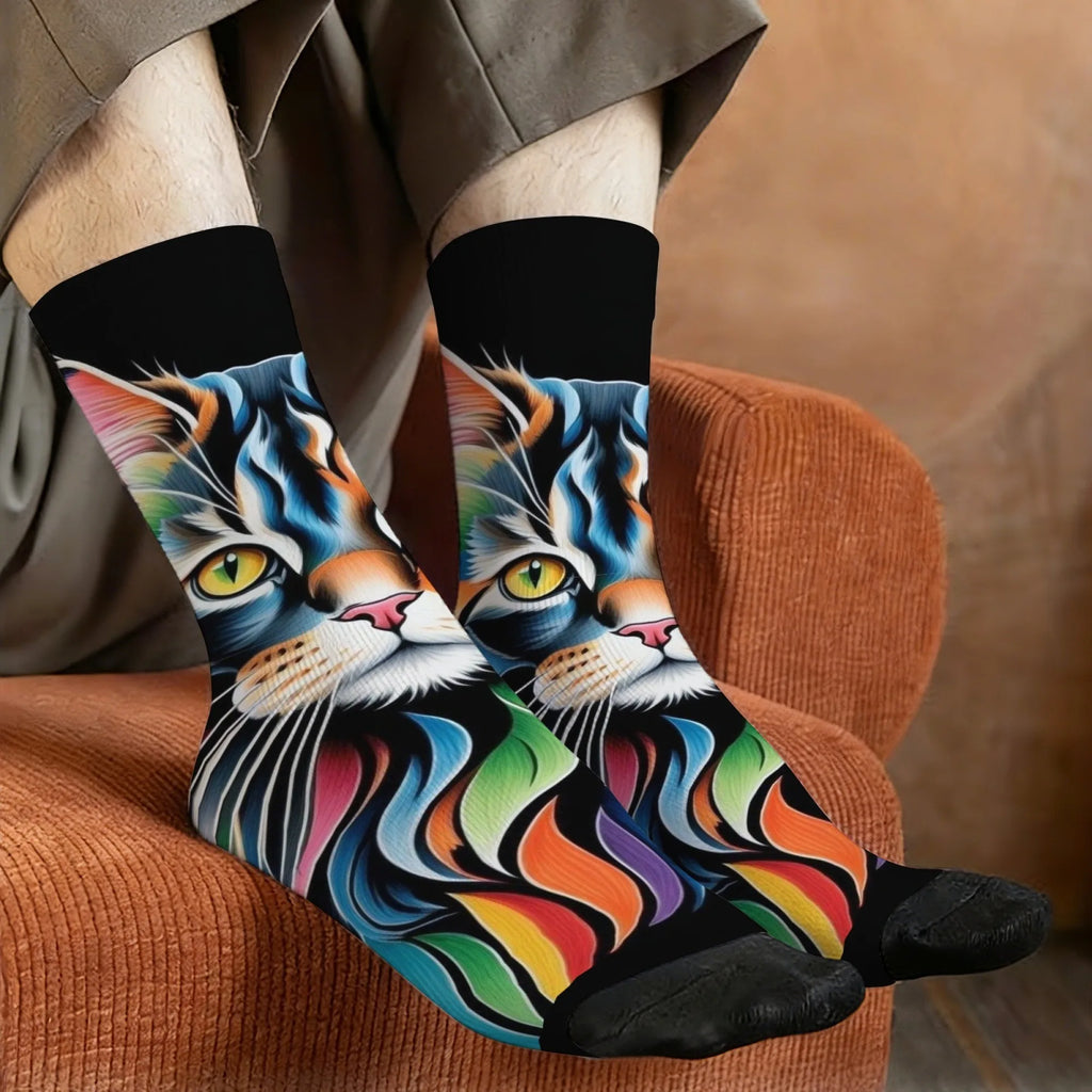 Chaussettes mi-mollet pour homme – Motif chat Maine Coon arc-en-ciel – Antidérapantes, douces, confortables pour la peau, amusantes et stylées – Idéales pour le streetwear, le plein air et le skate.