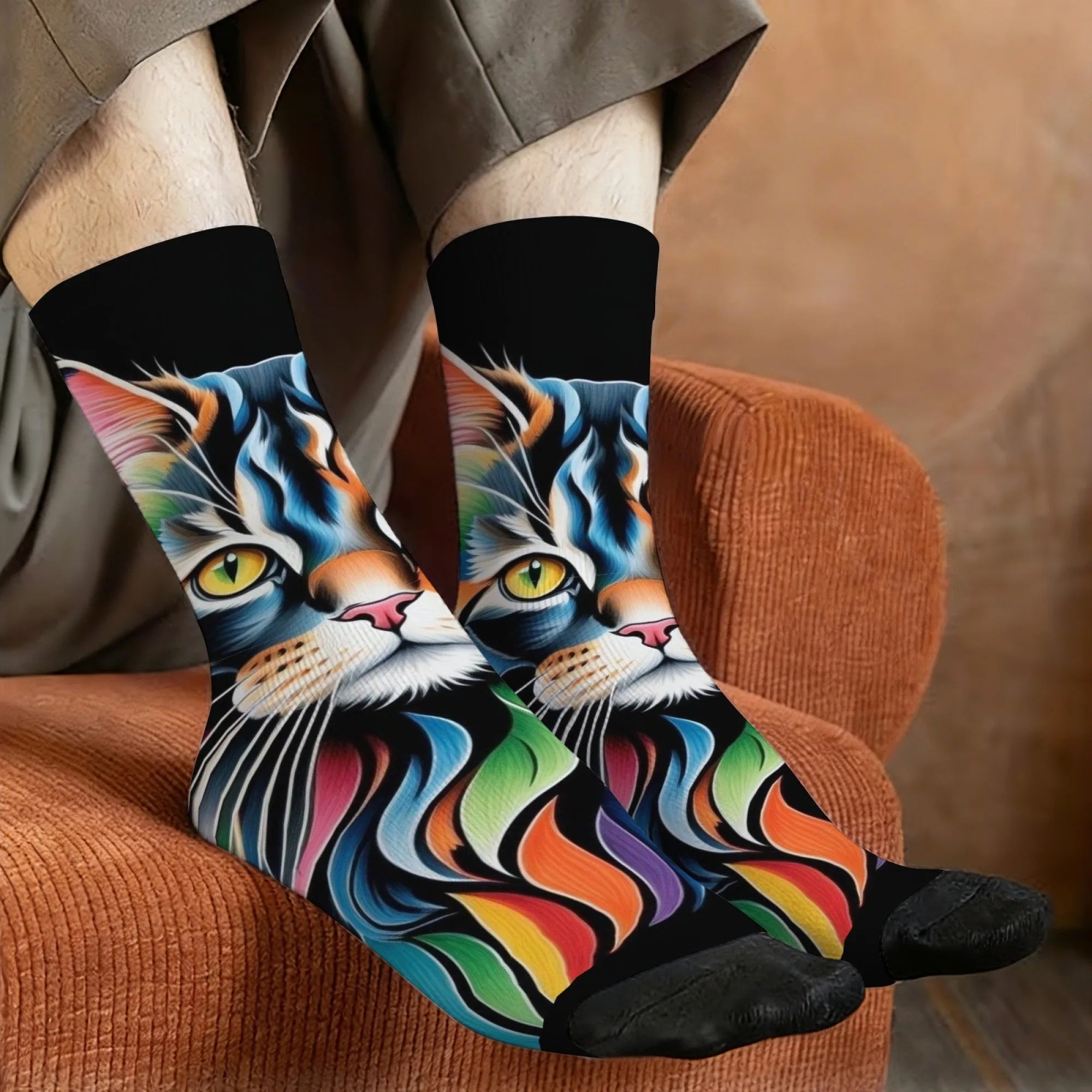 Chaussettes mi-mollet pour homme – Motif chat Maine Coon arc-en-ciel – Antidérapantes, douces, confortables pour la peau, amusantes et stylées – Idéales pour le streetwear, le plein air et le skate.