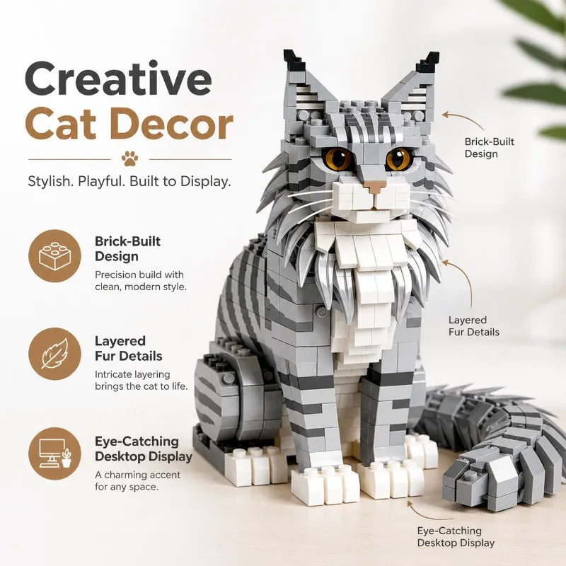 Kit de construction MOC « Grand chat Maine Coon » – Briques compatibles – Modèle réaliste de chat tabby argenté – Objet de décoration intérieure – À assembler soi-même