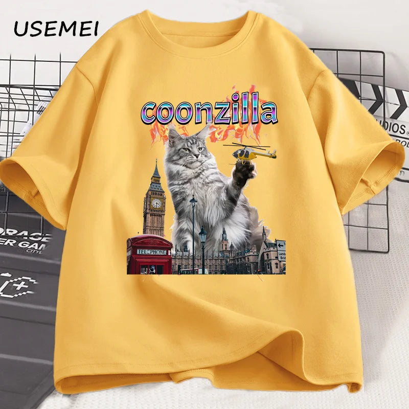 T-shirt unisexe en coton à manches courtes pour l'été – Motif chat drôle (humour Maine Coon) – Style Harajuku