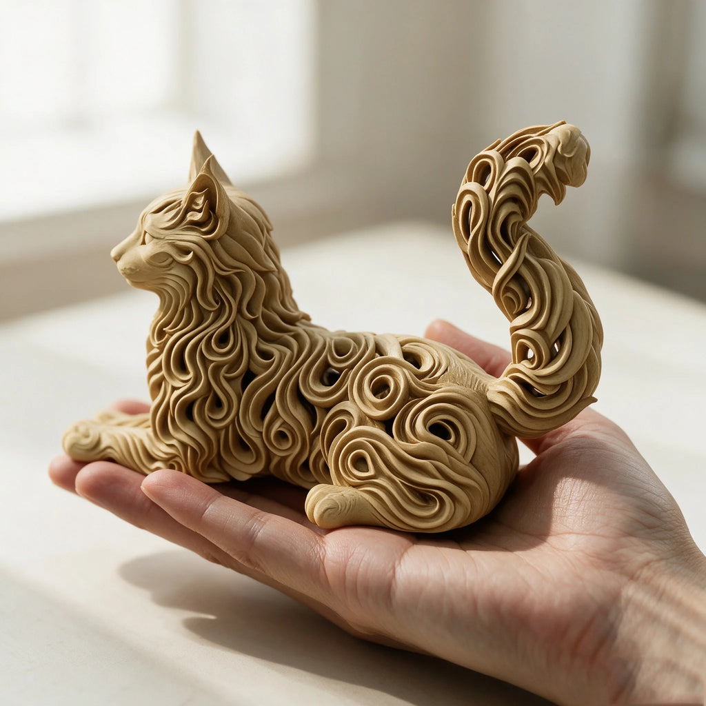 Statue de chat Maine Coon en résine – Figurine creuse à motif bouclé – Objet décoratif pour bureau ou maison – Cadeau artistique pour les amoureux des chats
