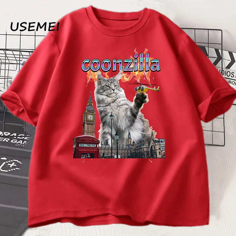 T-shirt unisexe en coton à manches courtes pour l'été – Motif chat drôle (humour Maine Coon) – Style Harajuku