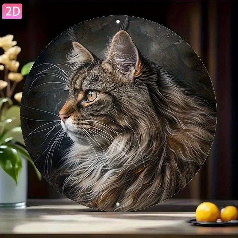 Plaque décorative murale rétro en aluminium (design plat 2D, 1 pièce) représentant un Maine Coon – idéale pour cour, jardin, cuisine, bar, intérieur, extérieur, garage, club ou café.