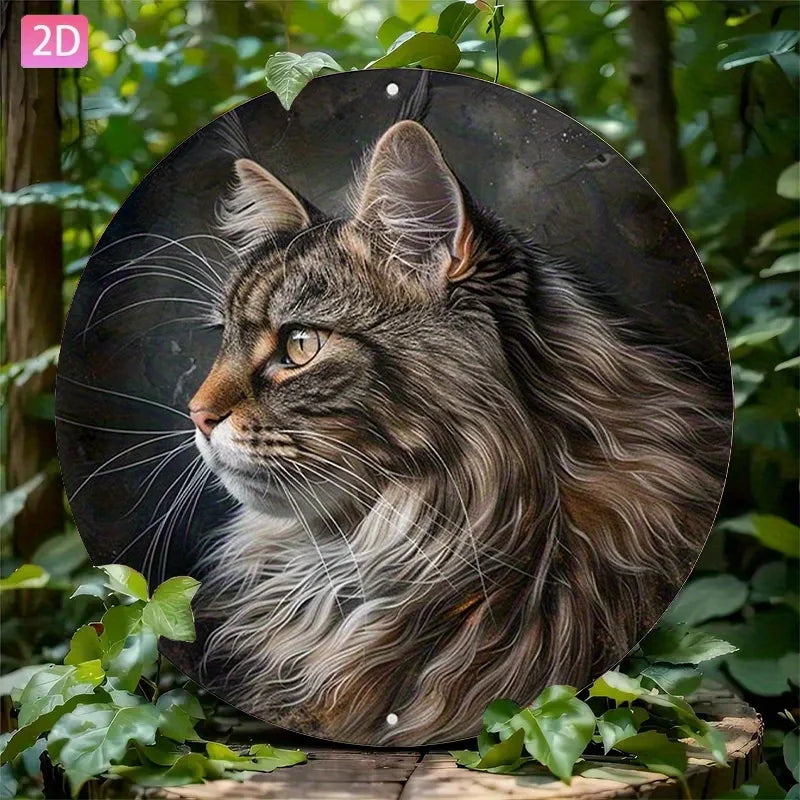 Plaque décorative murale rétro en aluminium (design plat 2D, 1 pièce) représentant un Maine Coon – idéale pour cour, jardin, cuisine, bar, intérieur, extérieur, garage, club ou café.