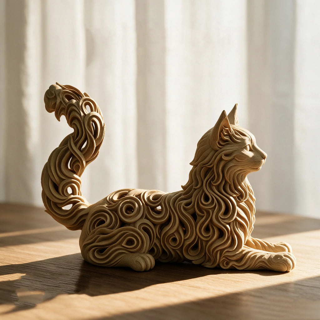 Statue de chat Maine Coon en résine – Figurine creuse à motif bouclé – Objet décoratif pour bureau ou maison – Cadeau artistique pour les amoureux des chats