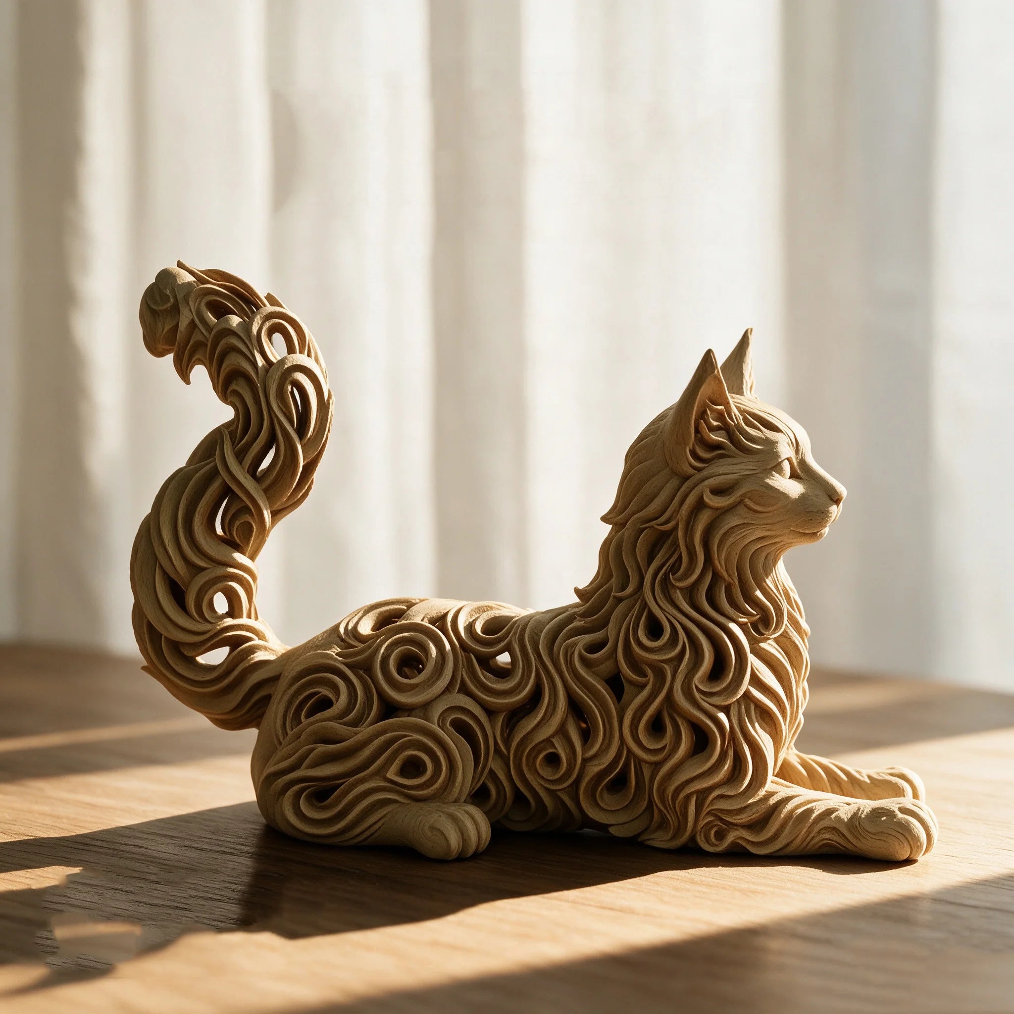 Statue de chat Maine Coon en résine – Figurine creuse à motif bouclé – Objet décoratif pour bureau ou maison – Cadeau artistique pour les amoureux des chats