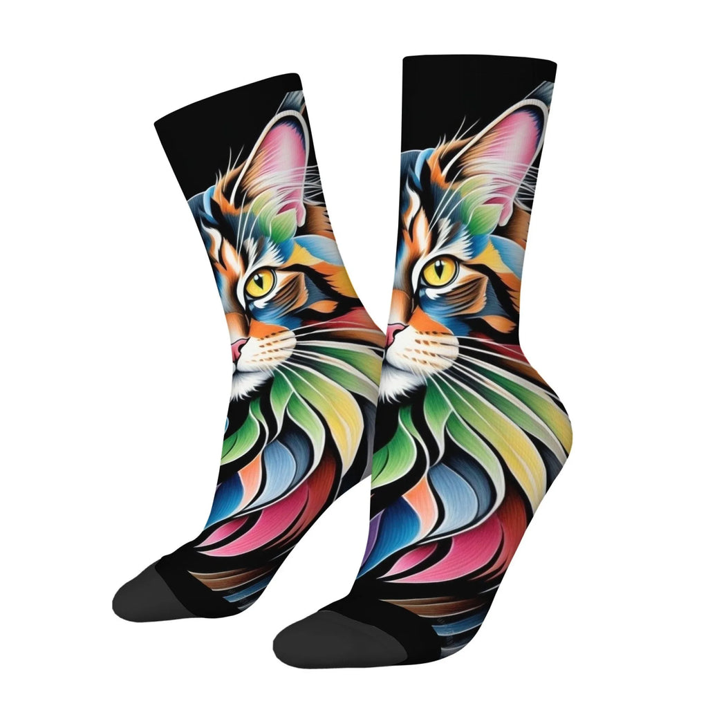 Chaussettes mi-mollet pour homme – Motif chat Maine Coon arc-en-ciel – Antidérapantes, douces, confortables pour la peau, amusantes et stylées – Idéales pour le streetwear, le plein air et le skate.