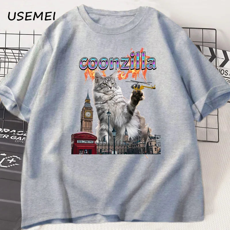 T-shirt unisexe en coton à manches courtes pour l'été – Motif chat drôle (humour Maine Coon) – Style Harajuku