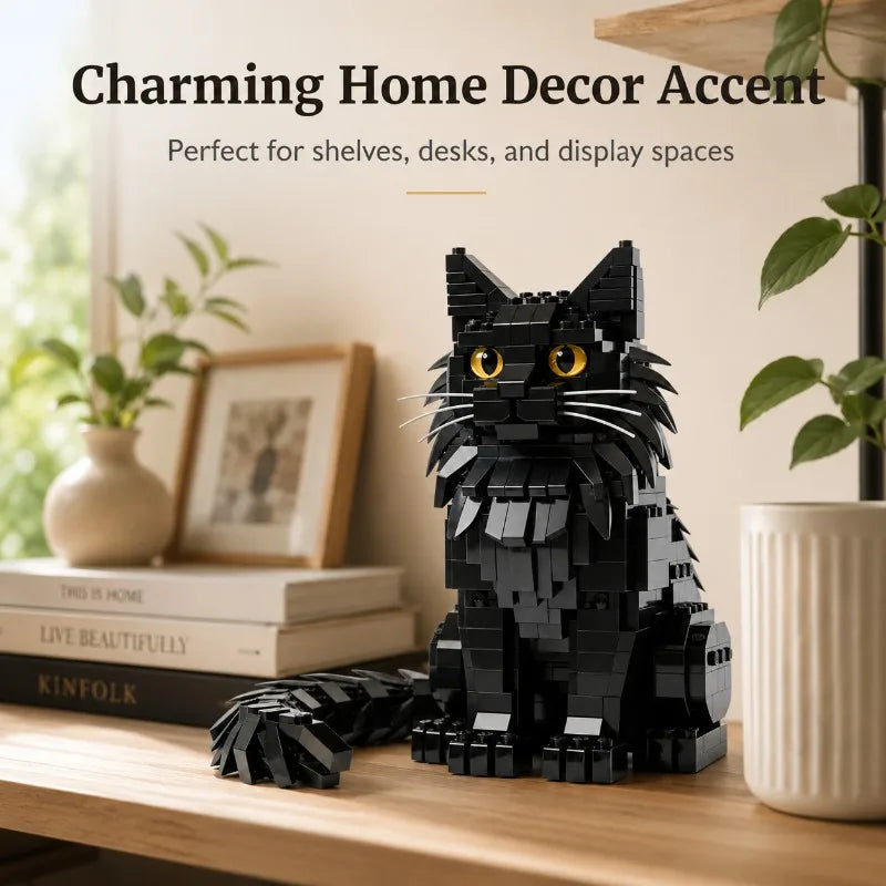 Kit de construction MOC « Grand chat Maine Coon » – Briques compatibles – Modèle réaliste de chat tabby argenté – Objet de décoration intérieure – À assembler soi-même